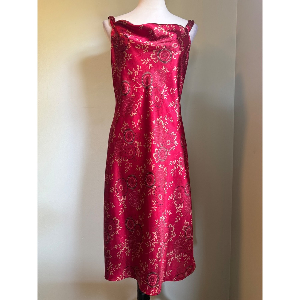 Y2K retro whimsi dainty Red Gold Floral Satin Cowl Slip Midi Dress boho resort